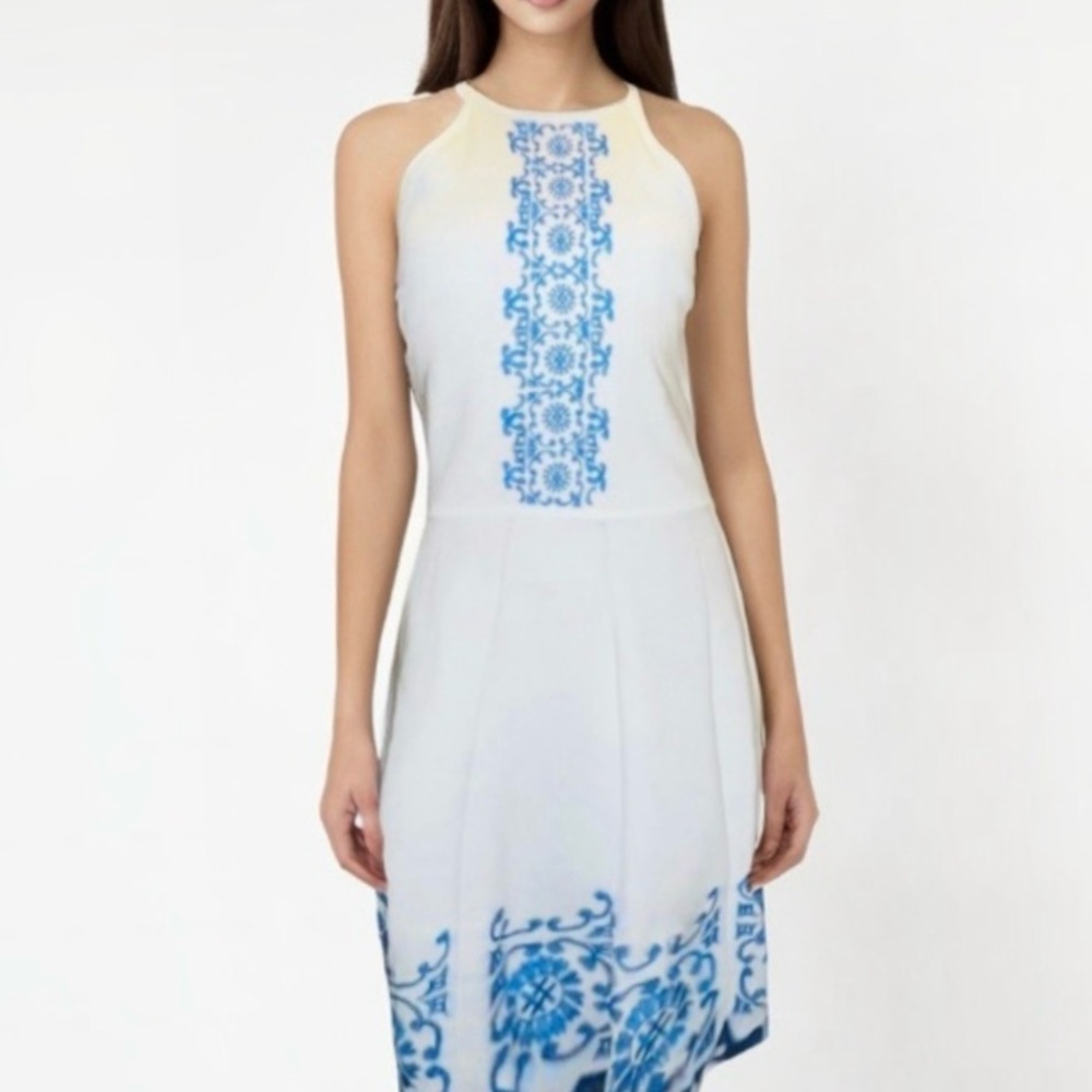 PARKER DRESS EMBROIDERED KNIT SLEEVELESS DRESS STRETCH WHITE BLUE SMALL S